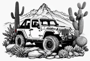 A dessert mountain with a jeep gladiator donkey cactus tattoo idea