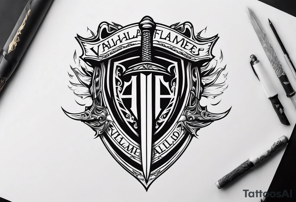 Valhalla flames shield sword tattoo idea