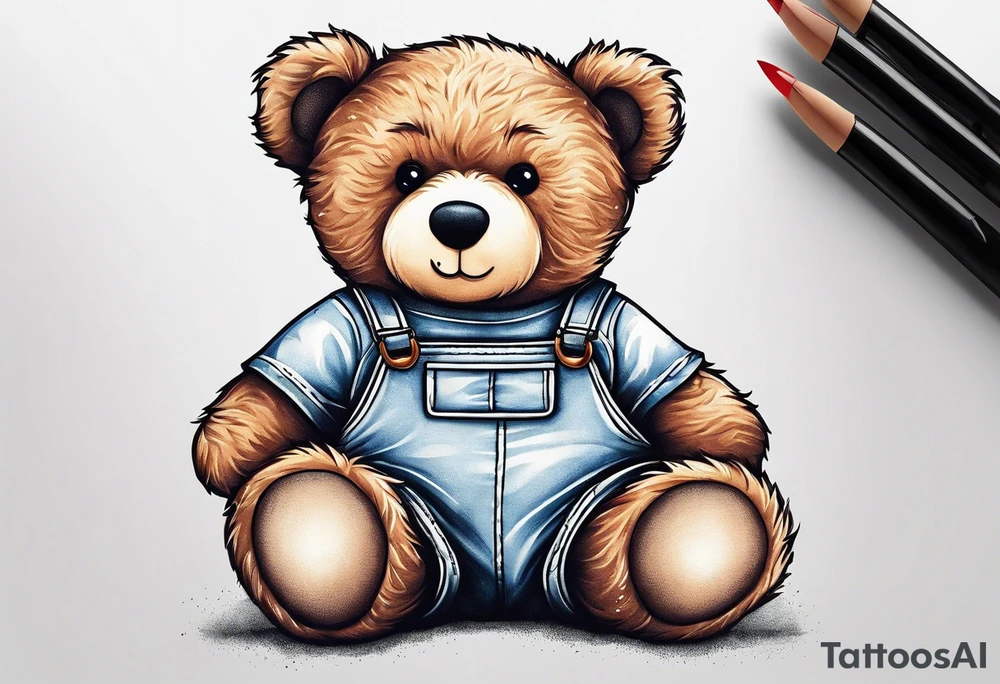 the back of a teddy bear wearing overalls tattoo idea
