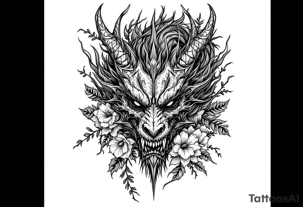scary dragon face down with flowers tattoo idea