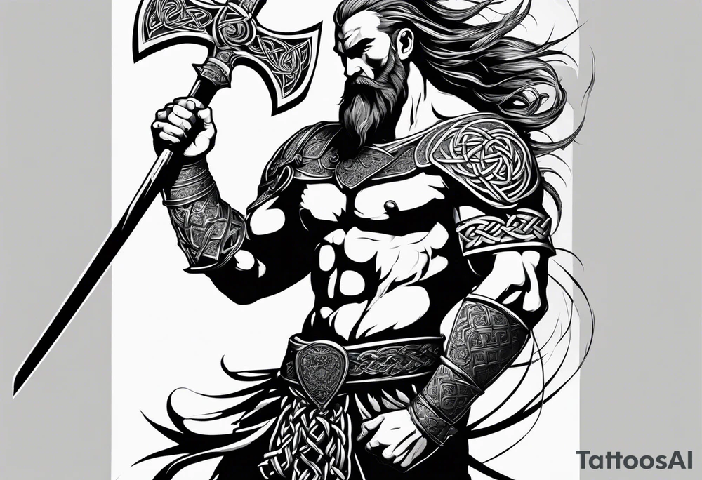Side full body shot of Celtic warrior with sword and axe. tattoo idea