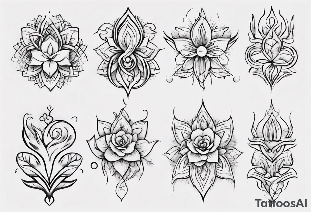 Create a tattoo with five separate images that are connected vertically by a single line. The images are an abstract icon monkey, a pie icon, the breathe yoga symbol and Thai for ten. Add some floral accents. Make it look feminine tattoo idea
