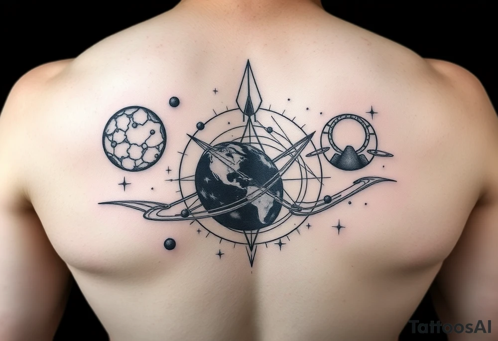 Lower arm sleeve, outer space, planets, geometry, string theory tattoo idea
