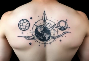 Lower arm sleeve, outer space, planets, geometry, string theory tattoo idea
