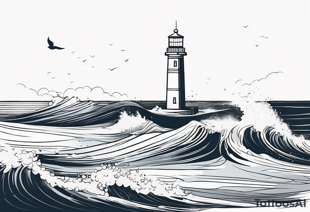 lighthouse, rough sea, fine line tattoo idea