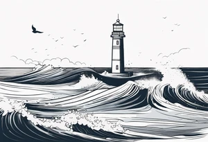 lighthouse, rough sea, fine line tattoo idea