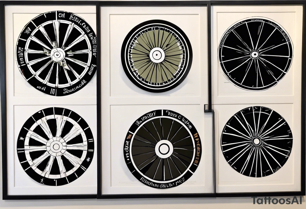 design a wheel with 5 sections. Each section to represent a moment of my life. First section to represent Rome,Italy where I was born. Second section to represent the beginning of my fling career in the Italian Air Force. Think section to represent moving to the United States, Spokane exchacly and continuing flying for Horizon Air. Forth section to include moving to Hawaii and starting a new life style, laid back, growing my own food, taking all the aloha spirit in together with my blondie curly hair partner Ronda . Fifth section to stay empty for the future to come. In the middle of the wheel a combination of American and Italian flag tattoo idea