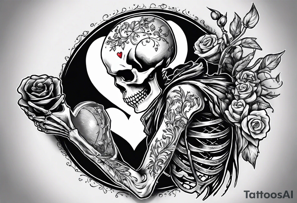 depressed skeleton holding his heart in his hand with a knife through the heart tattoo idea