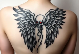 An angel with flowing black wings, standing tall, with a skull face cloaked in shadows, accented with dark red eyes that glow faintly. tattoo idea