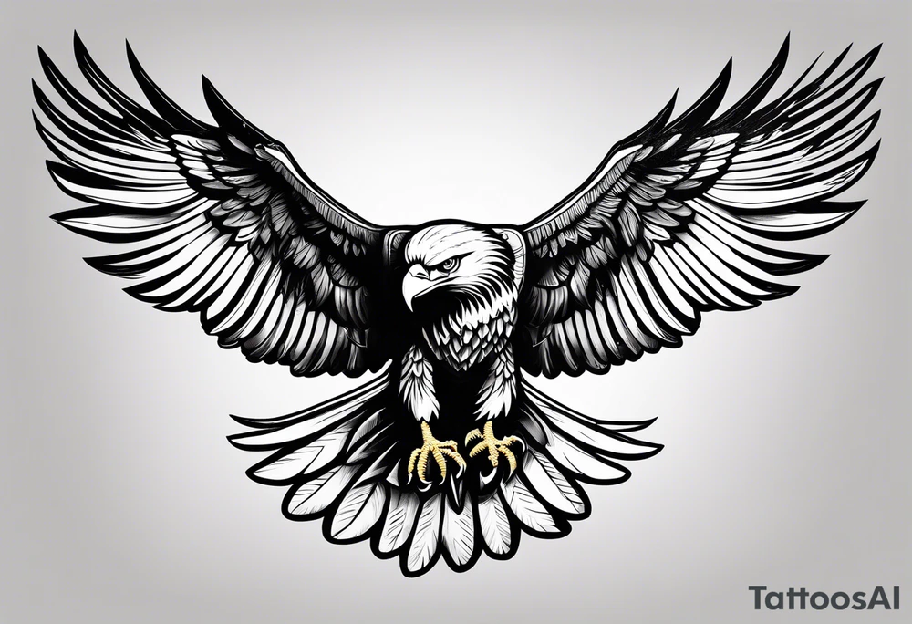 An eagle flying with wings out, legs tucked underneath him with the words "LOVE IN FULL" tattoo idea