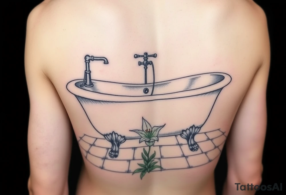 clawfoot bathtub with faucet on a tile floor and lily coming up out the floor tattoo idea