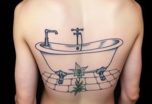 clawfoot bathtub with faucet on a tile floor and lily coming up out the floor tattoo idea