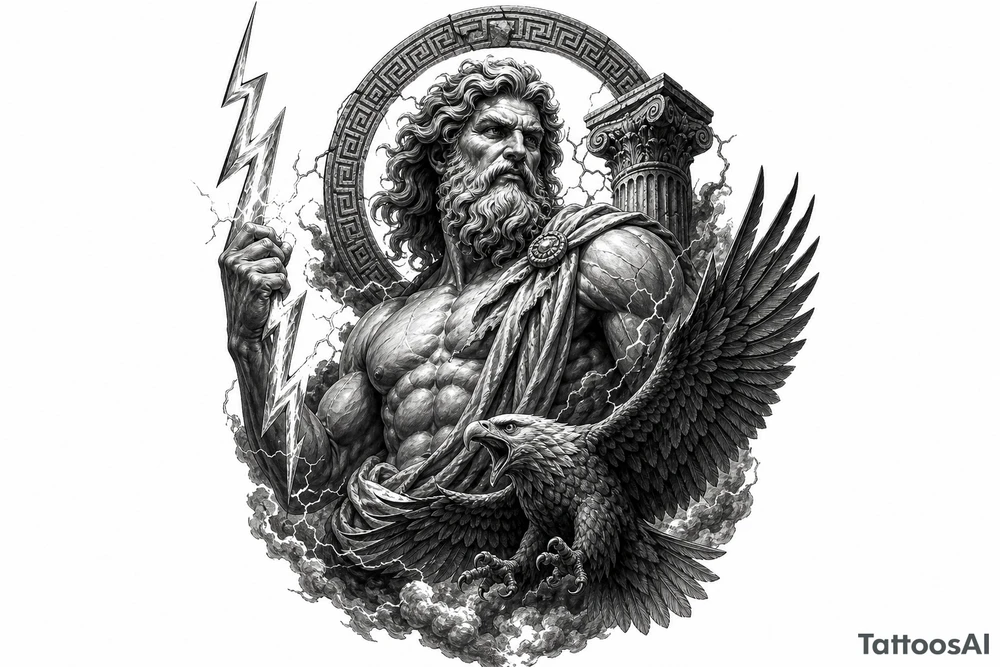 Zeus, king of the gods, lightning bolt, eagle, Greek mythology style. tattoo idea
