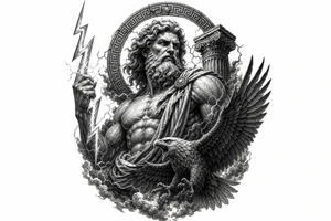 Zeus, king of the gods, lightning bolt, eagle, Greek mythology style. tattoo idea