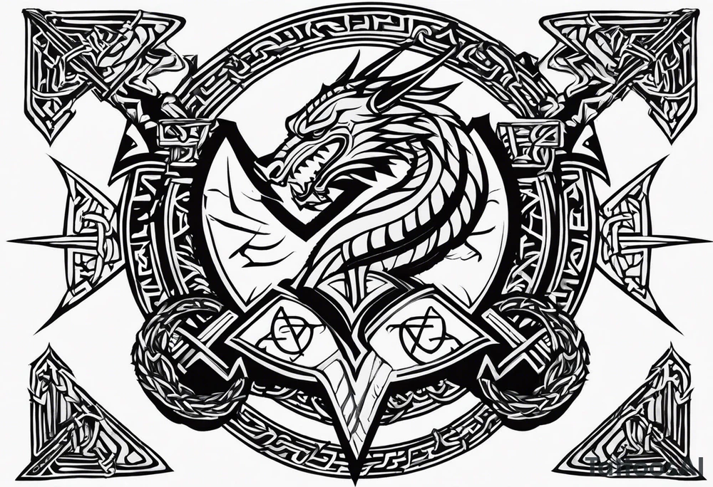 Valhalla sword shield dragon axe Valknut barbed wire chains tribal tattoo idea Valhalla sword shield dragon axe Valknut barbed wire chains tribal tattoo idea