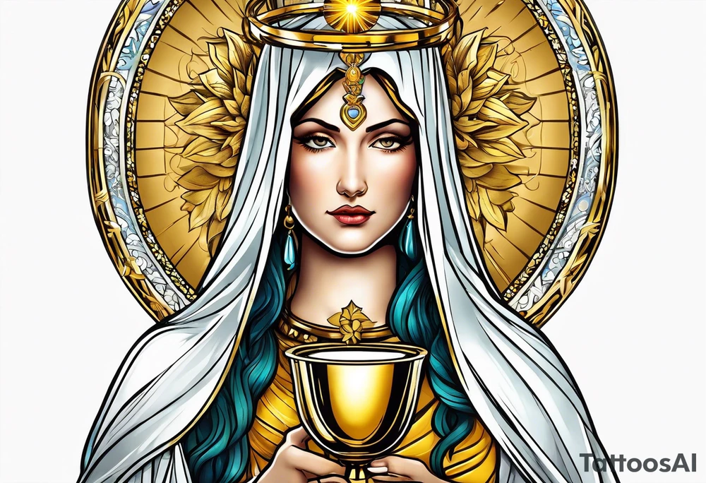 holy saint woman with golden halo holding a chalice tattoo idea