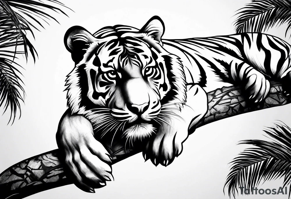tiger laying on palm tree tattoo idea