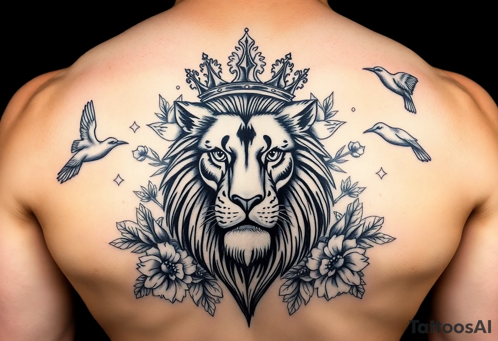 powerful majestic lion with a crown, surrounded by floral ornaments and birds tattoo idea