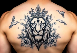 powerful majestic lion with a crown, surrounded by floral ornaments and birds tattoo idea
