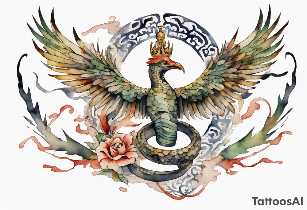a watercolor of a bird-serpent hybrid wearing an iron crown, flying tattoo idea