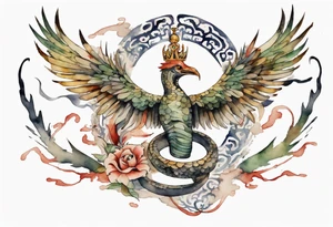 a watercolor of a bird-serpent hybrid wearing an iron crown, flying tattoo idea