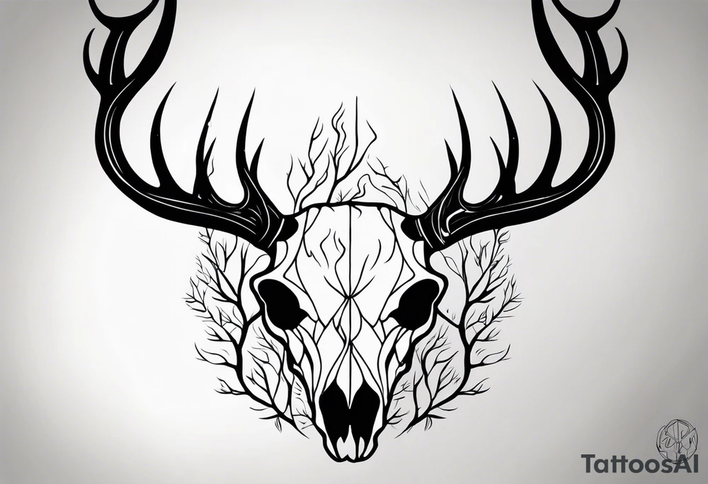 side profile of a deer skull JUST BONE surrounded by a flames and trees tattoo idea