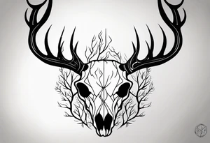side profile of a deer skull JUST BONE surrounded by a flames and trees tattoo idea