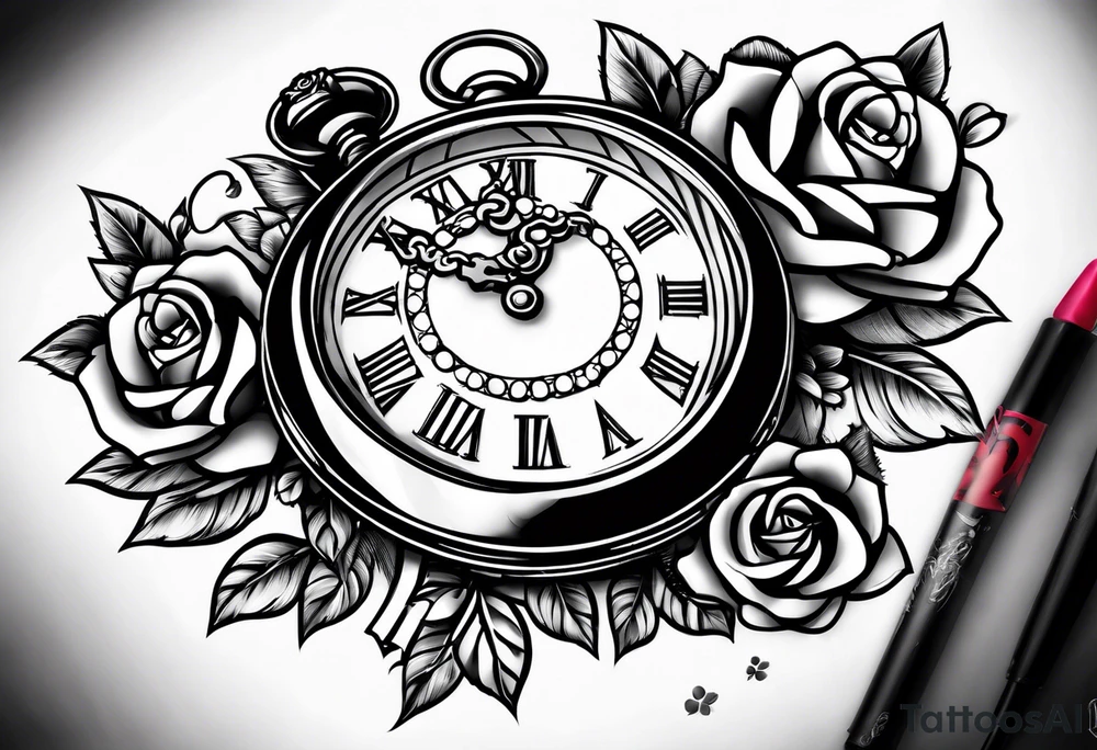 Pocket clock with chain and roses tattoo idea