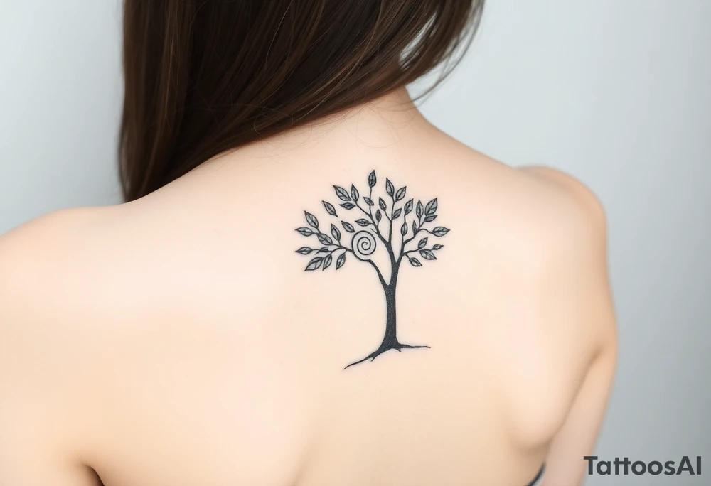 A tree with fee leaves, with a spiral line coming from the center of the tree and moving outward tattoo idea