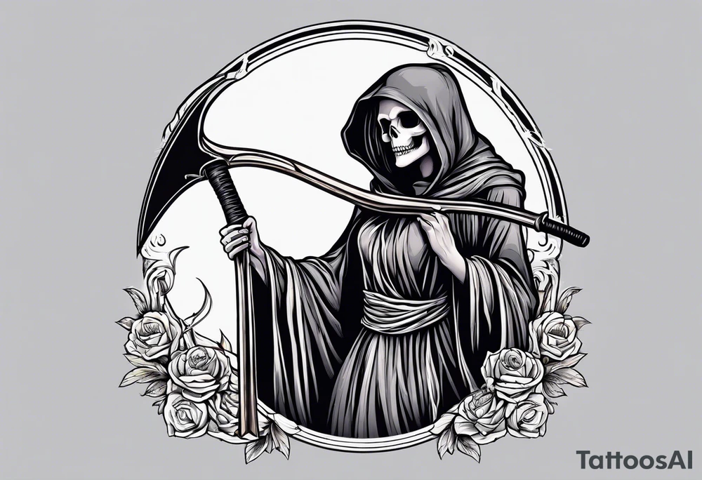 A feminine grim reaper holding a scythe tattoo idea