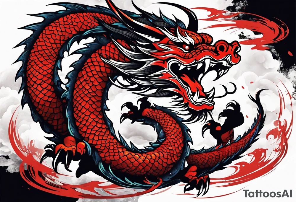 The name Nakama painted in Japanese, with Japanes dragon intertwined, flying through the empty spaces of the paint strokes tattoo idea