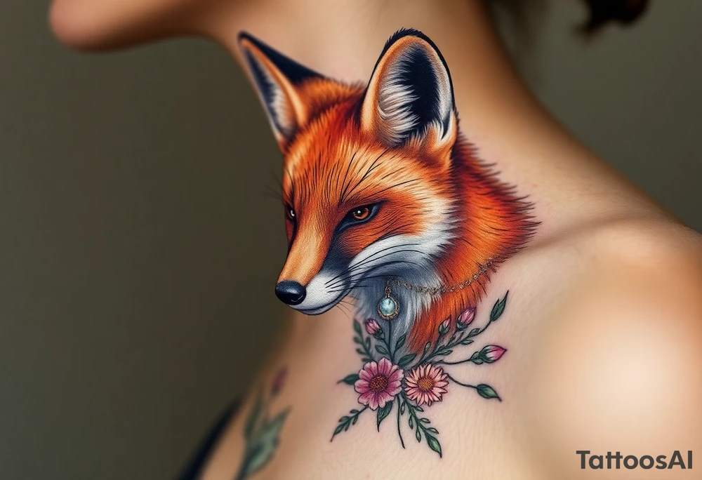 adult fox with jewelry smelling wild flowers tattoo idea
