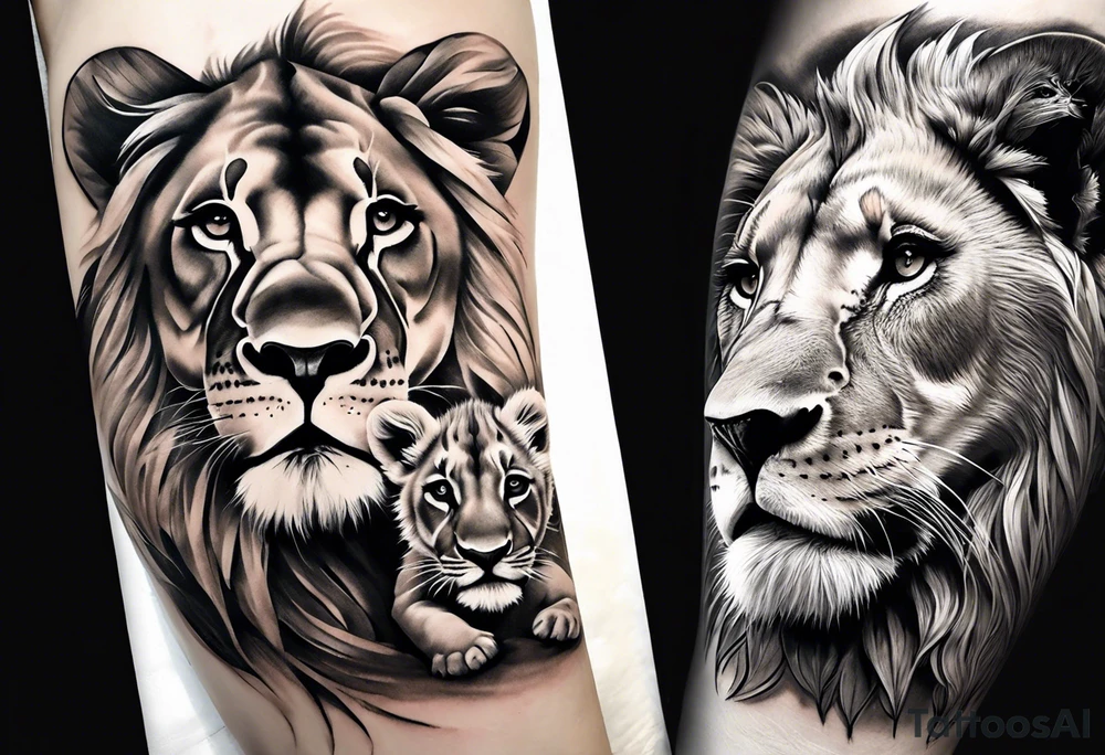 black and white tattoo featuring a lion, lioness, and lion cub. The lion faces upward towards the sky, looking in the opposite direction of the lioness. The lion cub is positioned below them, looking up.   Inspired by the lion king tattoo idea