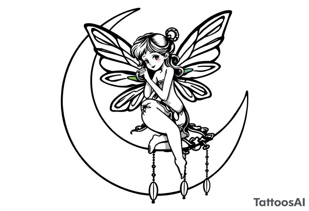 Solid black design. Fairy sitting on moon with dangles tattoo idea