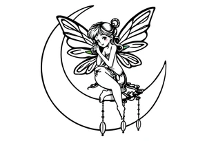 Solid black design. Fairy sitting on moon with dangles tattoo idea