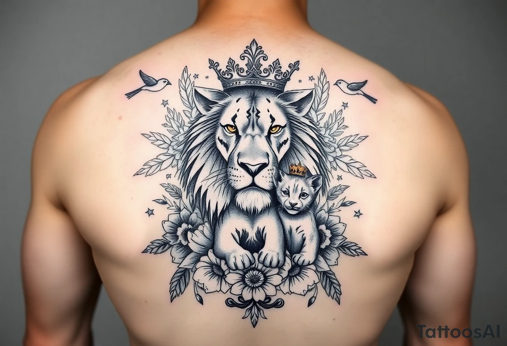 powerful majestic lion and cub with a crown, surrounded by floral ornaments and birds tattoo idea