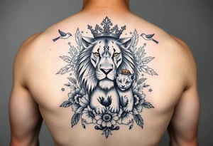powerful majestic lion and cub with a crown, surrounded by floral ornaments and birds tattoo idea