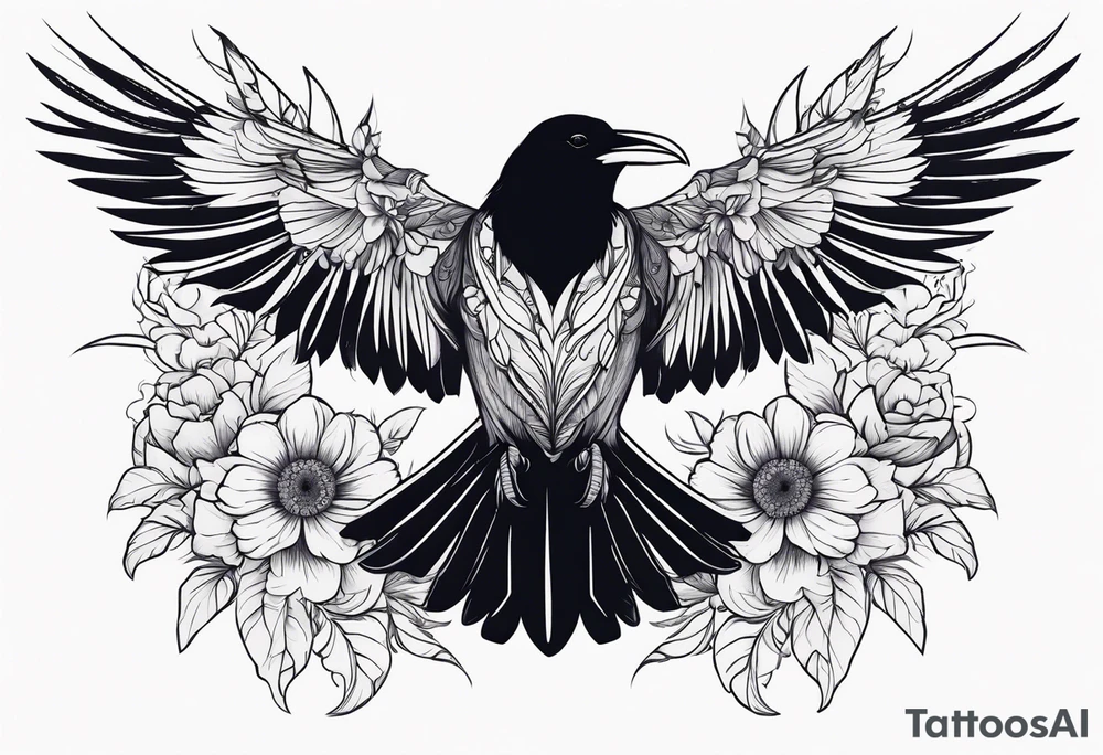 Fantasy raven with flowers tattoo idea