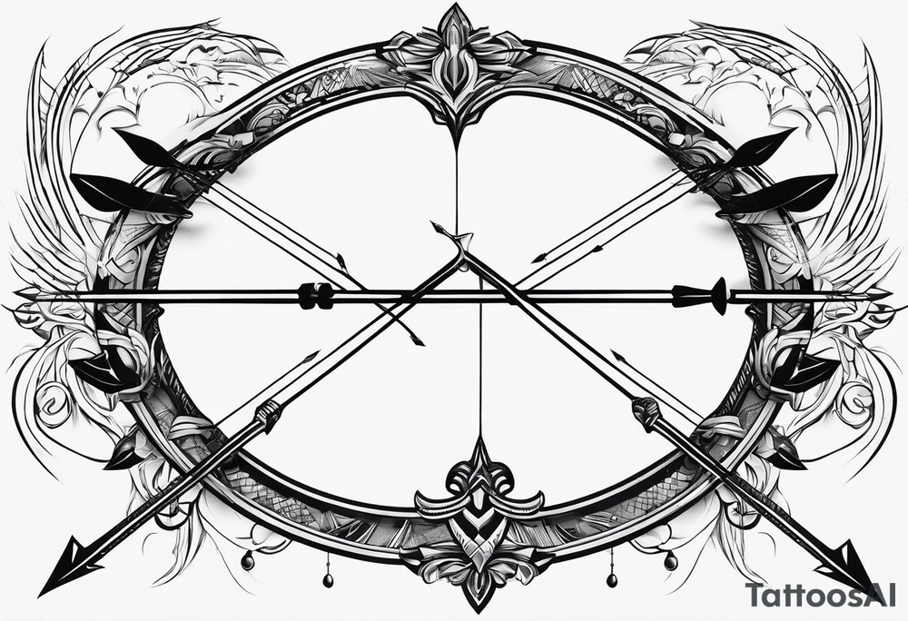 A loaded bow with 2 arrows. simplistic, minimalist and clean, even abstract. tattoo idea