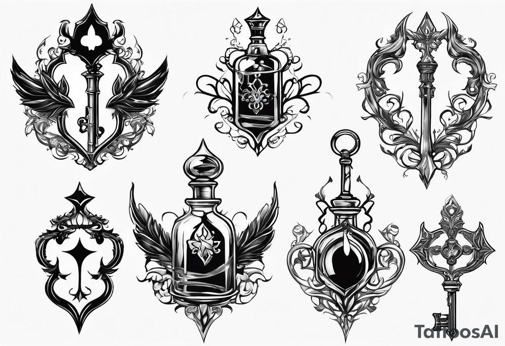 Kingdom hearts key blade in a Felix felicis potion bottle tattoo idea