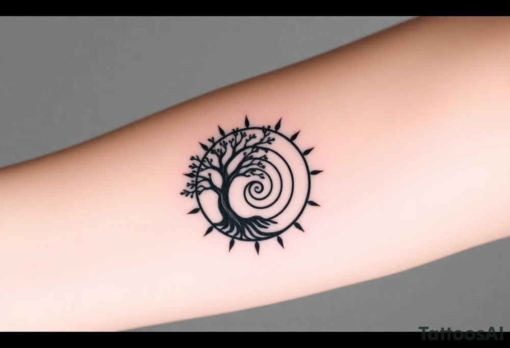 Tree inside of a spiral Fibonacci spiral sun tattoo idea