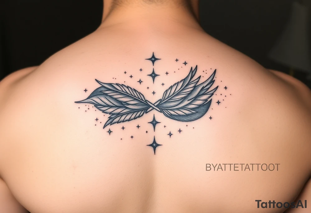 a manly infinity symbol woven with floating feathers and stardust tattoo idea