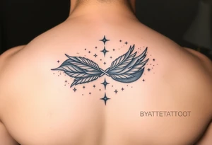 a manly infinity symbol woven with floating feathers and stardust tattoo idea