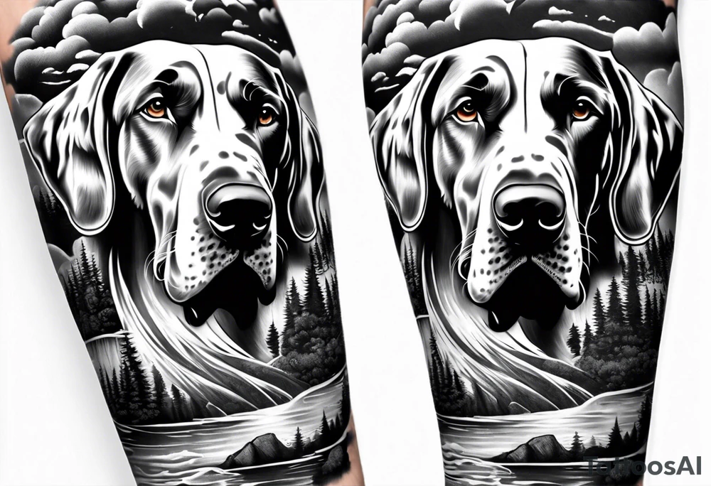 Arm sleeve-  with four Great Danes in front of waterfall tattoo idea