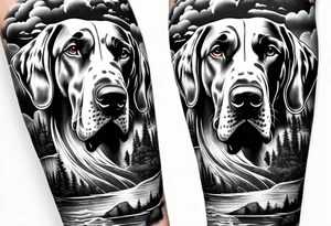 Arm sleeve-  with four Great Danes in front of waterfall tattoo idea