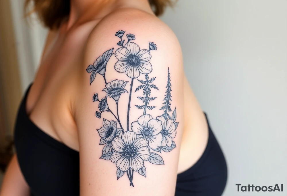 Floral Elements: Incorporate state flowers—bluebonnet (Texas), mountain laurel (Connecticut), and coast rhododendron (Washington
Arm sleeve shoulder to elbow

Add Texas Connecticut and Washington state trees tattoo idea