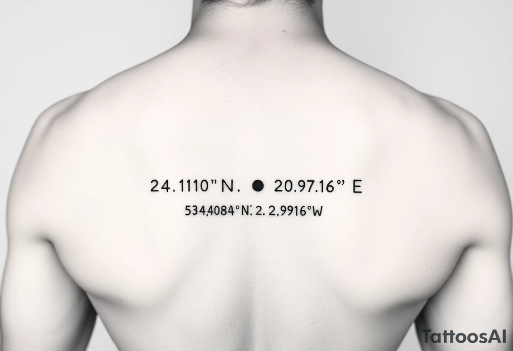 "24°10′N, 20°16′E". Below the second dot, write: "53.4084°N, 2.9916°W". Above each coordinate, place a small circle or marker dot to signify key points., add a single row — ● — ●   ● —   ● — ●   — — —   ● — ● ●   ● ●   — ● ●   ● — tattoo idea