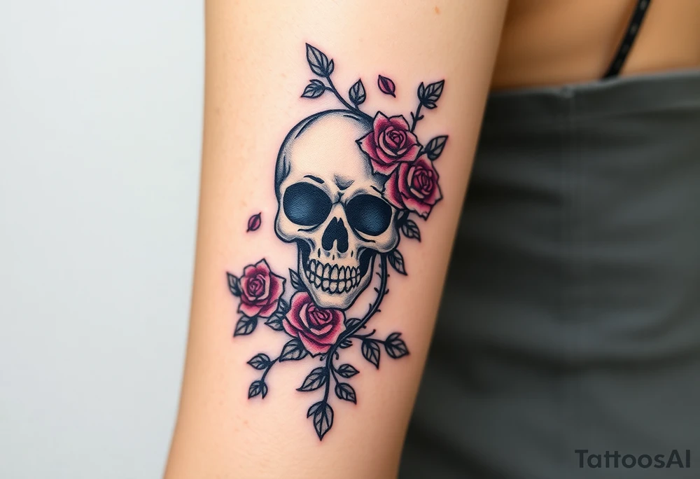 gothic skull intertwined with climbing roses and thorny vines tattoo idea