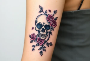 gothic skull intertwined with climbing roses and thorny vines tattoo idea