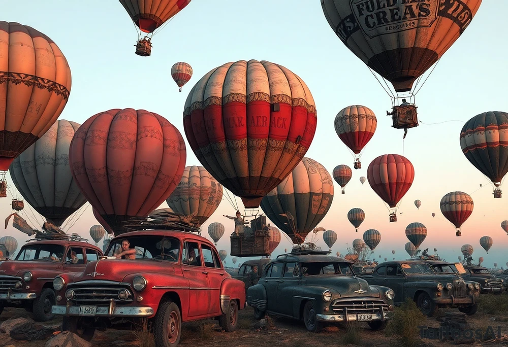 in a very steam punk vibe i want you to make a picture of a bunch of old beat up cars with people lounging in them and garbage and junk all up in and on them, tied to hot air balloons floating in the sky right about dusk and they are as far as the eye can see i want the cars to be floating as if they were the basket to the hot air balloons and the hot air balloons are all different colors and patterns and some are old and patched and i dont want to see the ground at all  i want this to be a scene that is up in the sky with them all floating under the balloons like it is in a dream and every single balloon in the picture is attached to a different old car, and some of the cars you can see people kicked back with thier feet out the window and stuff on the dash of the car, and some with people hanging an arm out hte window some have cigarrette smoke coming out the window, and the balloons all are different tattoo idea